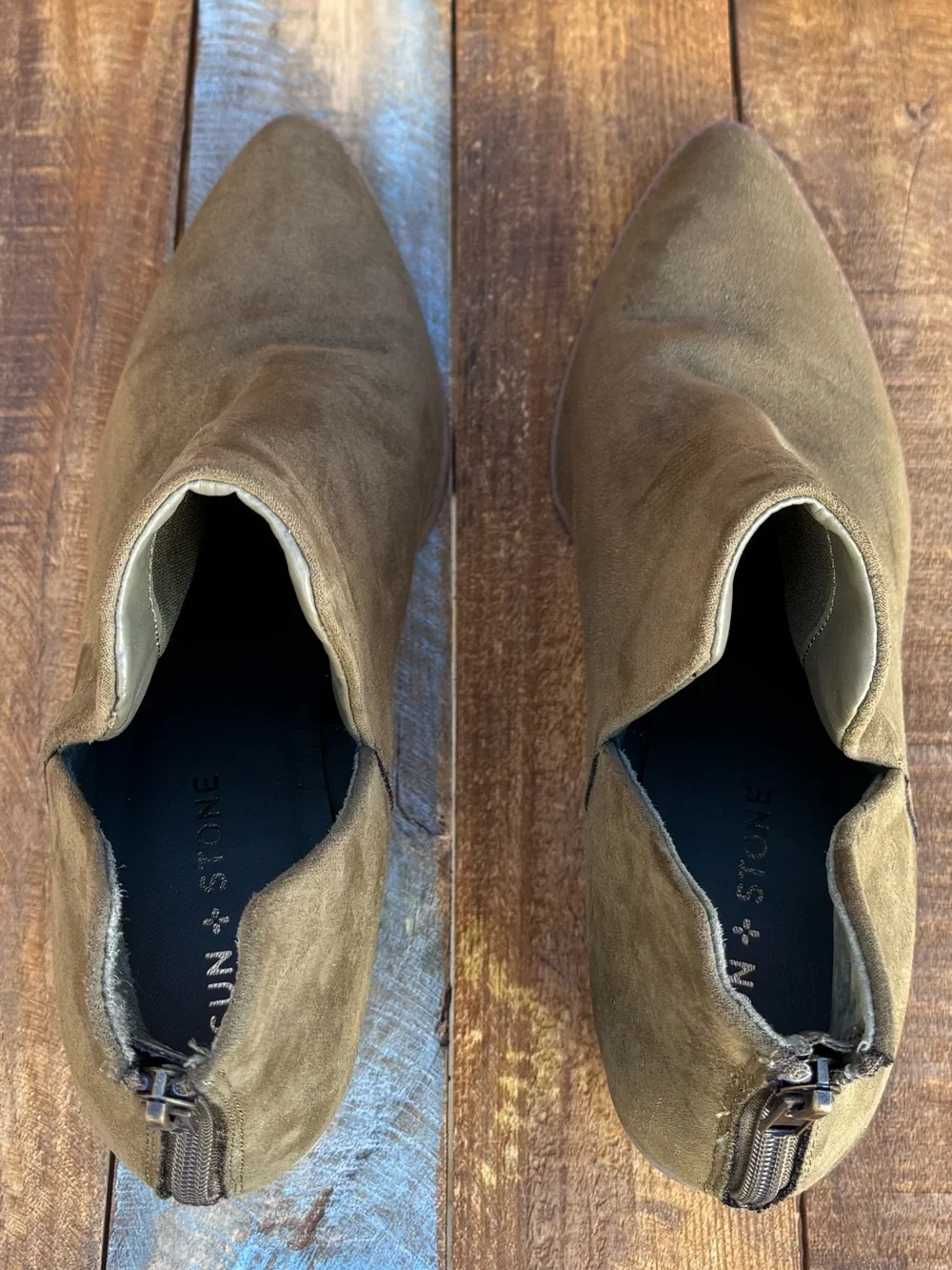 Sun + Stone Olive Green Suede Ankle Boots